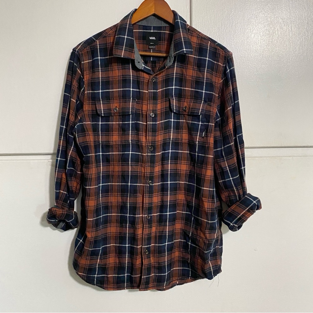 Vans Classic Fit Casual Button Down Shirt Navy Orange Plaid Long Sleeve Small